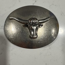 Vintage Silver Toned Texas Longhorn Steer Head Western Oval Belt Buckle picture