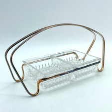Vintage MCM Glass Relish Dish Dual Compartment Handled Metal Caddy Server 11x5 picture