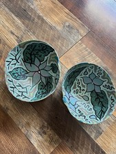 Pepe Santiago Painted Gourd Bowls. Signed. Blue Teal Green. Set Of Two. picture