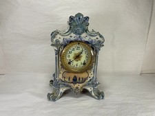 Ansonia Clock Co New York Delft Style Ceramic Mantel Clock 11 in Blue White picture