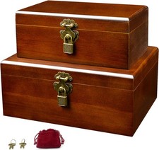 Set of 2 Wooden Storage Boxes Container with Hinged Lid, Large Wood Craft Kee... picture
