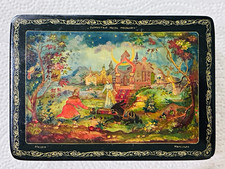 Vintage Russian Hand Painted Wooden Rectangular Trinket Box Fairy Tale Scene picture