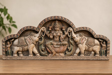 Gaja Lakshmi Wood Wall Panel 35” Hand Carved Hindu Goddess Elephants India picture