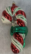 Vintage 1999 Christopher Radko Large Candy Cane Green Bow Glass Ornament picture