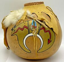 Artist Hand Painted Gourd Bear Fetish Accented With Beads Fur Leather Claw picture