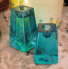 Vintage Fire & Light Aqua Blue Art Glass Candle Holders Pair Signed Deco picture