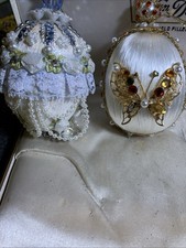 Vtg Handcrafted French Style Satin Egg Ornaments Set of 2  Sequins Pearl Beaded picture