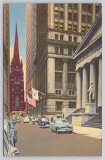 Wall Street Trinity Church NYC 1954 Postcard Vintage Cars Curteich picture