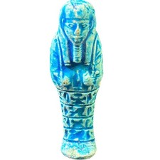 Egyptian Ushabti Figurine Blue Faience Late Period Hieroglyph Amulet picture