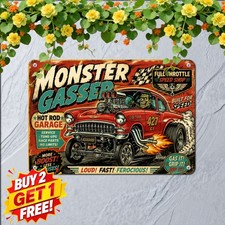 Vintage Cartoon Monster Dragster Sign Retro Hot Rod Auto Shop Metal Plaque 8x12 picture