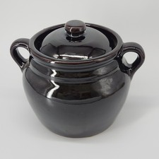 Vintage Dark Brown Stoneware Bean Pot With Lid Double-Handles 7
