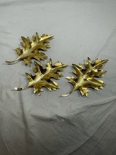 Vtg Home Interiors Brass Tone Oak Leaves Wall Art Hanging Decor 3 Pc Set MCM 7in picture