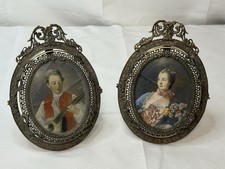 Antique Pair Of Continental Miniature Signed Paintings In Brass Frames picture
