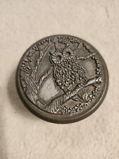 Owl Pewter Vintage Metal Tin Round Container Trinket Box picture