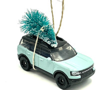 🎄Matchbox Ford Bronco Sport Light Blue Handmade Christmas Ornament w/Mini Tree picture