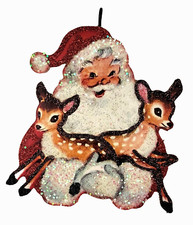 SANTA CLAUS Holding 2 YOUNG DEER * Glitter CHRISTMAS ORNAMENT * Vtg Img picture