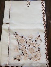 Vintage Tablecloth Cream Embroidered Beige Brown Flowers Scallop Edge 90