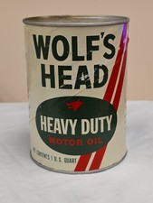1950s WOLF’S HEAD Heavy Duty Motor Oil Can Gas EMPTY Sealed Quart SAE30 Nice OLD picture