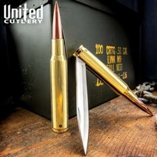 50 Caliber Brass Bullet Handle Folding Blade Knife Collectible 2nd Amendment picture