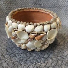 Vintage Handmade Seashell Encrusted Terracotta Planter - Coastal Boho Decor picture
