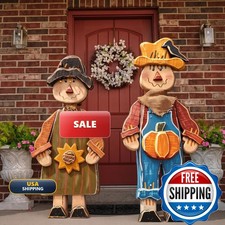 Beeveer 2 Pcs Fall Wooden Scarecrow Standing Porch Sign Outdoor Decor picture