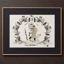 Peter Ragee 2011 Original Cape Dorset Drawing - Inuit Hunter & Dog, Framed picture