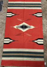 Vintage Hand Woven Large Chimayo Wool Blanket in Red, White & Black 70