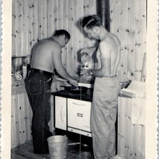 c1950s Shirtless Men Cooking Huron Wood Stove Cabin Kitchen Snapshot Photo 6