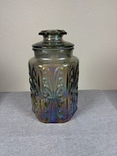 Vintage LE Smith Atterbury Scroll Carnival Glass Canister Jar Iridescent 9 Inch picture