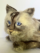 Handmade Realistic Needle Felted Wool Cat Sculpture Siamese Art Doll OOAK picture