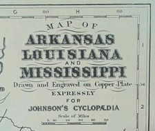 Antique 1885 ARKANSAS LOUISIANA MISSISSIPPI Map  Authentic Old Original JOHNSON picture