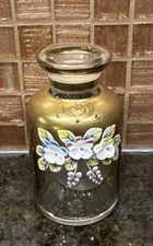 Art Glass Ceskci Bud Vase Bohemian Hand Painted Enamel Flowers Gold Gilt 3 1/2” picture