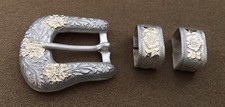 Vintage Sterling Silver & 10 Karat Gold Ranger Belt Buckle & Matching 2 Keepers picture