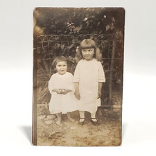 c. 1907 Antique RPPC Pretty Little Girls Dresses & Barefoot Real Photo Postcard picture