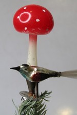 Antique VTG Unsilvered Glass Clip On MUSHROOM w BIRD Christmas Ornament Germany picture