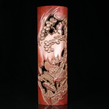 10.8'' China Wood Arm rest natural Bamboo carving Arm rest pine crane picture