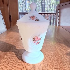 Vintage Fenton White Satin or Milk Glass Pedestal Candy Jar/Compote, Signed picture