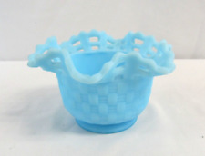 Fenton Blue Satin Basket Weave Glass Bowl w/ Ruffled Lattice Rim Signed picture