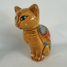 Mexican Folk Art Pottery Cat Bank Hand Painted Yellow Bright Colorful W/ Plug picture