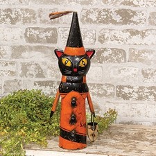 Primitive Recycled Metal Witch Black Cat with Skull Candy Bucket Halloween Decor picture