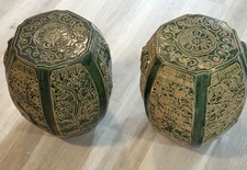 Pair Of Chinese Ceramic Garden Stools Green Hexagon Porcelain Seats Side Tables picture