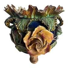Antique Barbotine Majolica Rose Cachepot picture