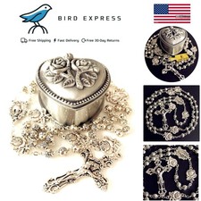 HANDMADE 925 Silver Rose Beads Catholic 5-Decade Rosary w Cross Gift Box Italy picture