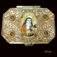 Antique St. Theresa Little Flower Reverse Painted Intaglio Trinket Rosary  Box picture