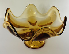 Viking Amber Glass Pedestal Candy Dish Bowl 6 Petal Scalloped Compote 7