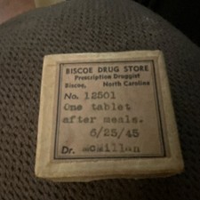 Vintage Biscoe Drug Store Prescription Box No. 12501 North Carolina 6/25/45 picture