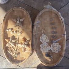 2 vtg Handcrafted Philippines Sea Shell Folk Art Floral Wicker Wall Decor SEALED picture