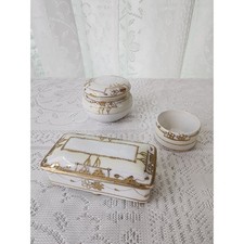 Antique Moriage Nippon Hand Painted Porcelain Vanity Set Gold Floral 3 Piece picture