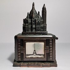 Antique Lead COIN BANK / Sacre-Coeur Church & EIFFEL TOWER / Hinged Lid / RARE picture