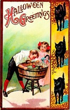 1910's Florence Bamberger Vintage Halloween Postcard  Black Cats and Children  picture